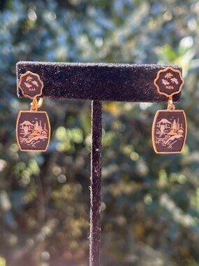 JAPAN AMITA DAMASCENE “K24” RECTANGLE Screw Back EARRINGS